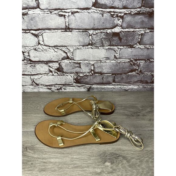 J. Crew Metallic Gold Leather Ankle Wrap Around Sandals Women’s Sz 7.5M US/38EU - Picture 5 of 16